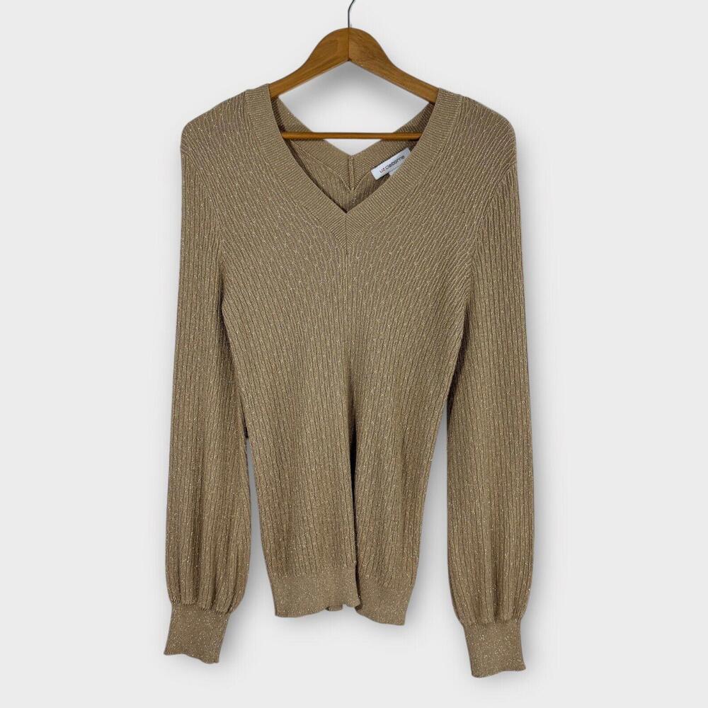 Liz Claiborne Women’s Size Medium Brown Gold Metallic Knit V Neck Sweater